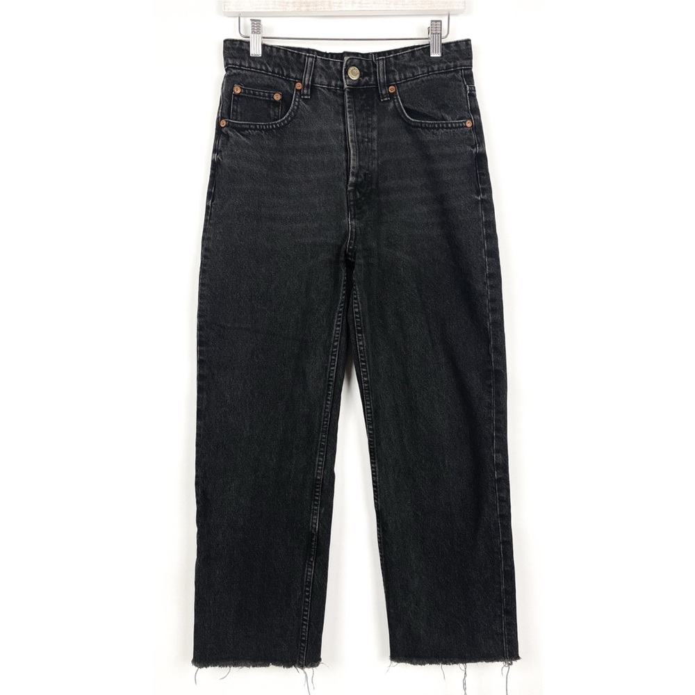 Zara Womens Wide Leg Crop Jeans 6 Black Button Fly‎ Straight Grunge Skater